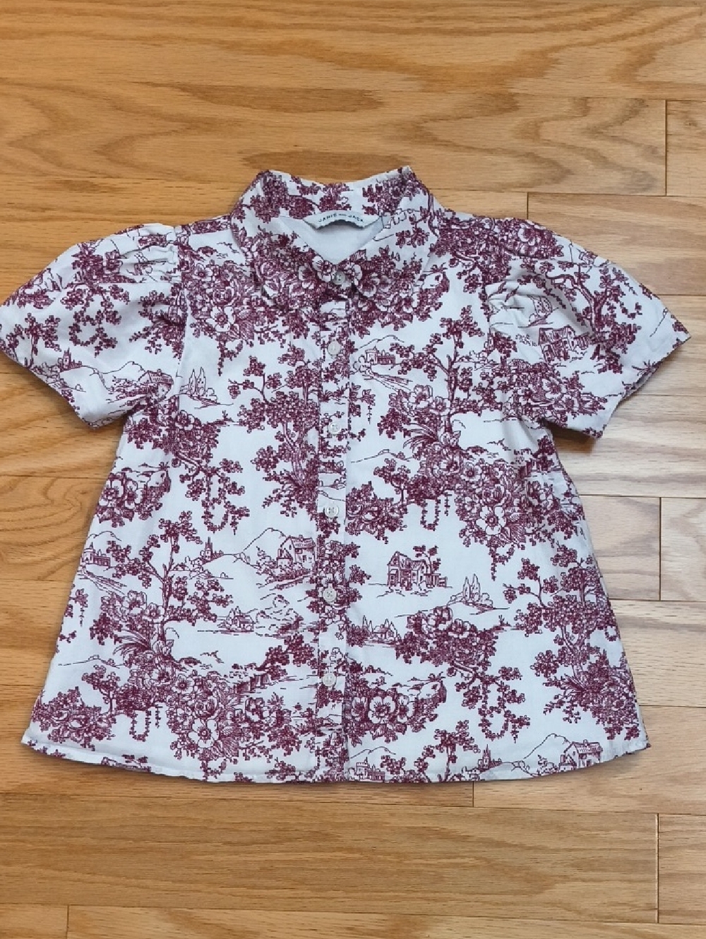 Janie and Jack Short Sleeve White Blouse Burgundy Toile Size 6 GU